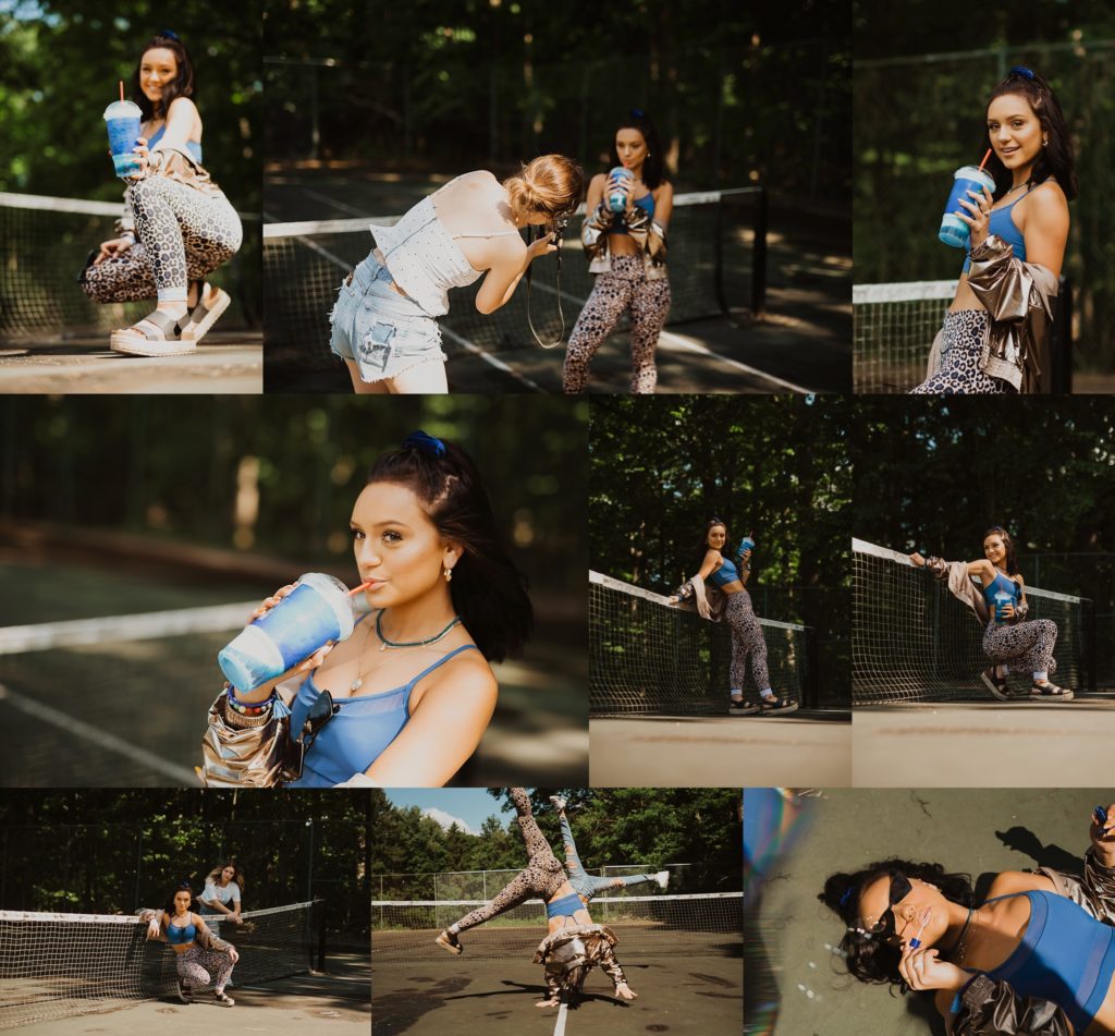 collage of photos with girl holding blue icee in a park