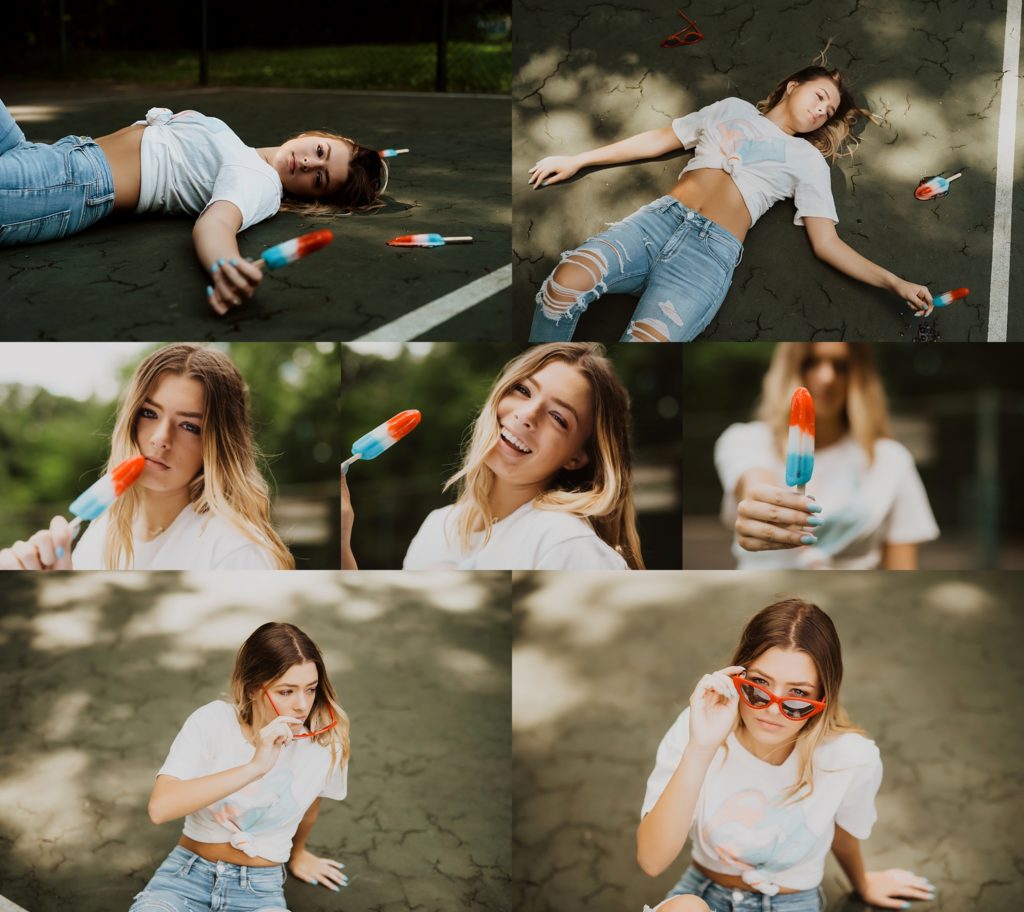 collage of photos with girl holding popsicle in a park