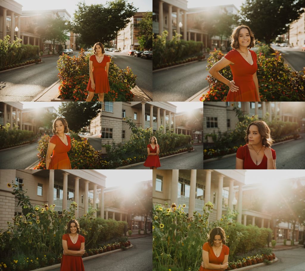 Downtown youngstown senior girl session wearing red dress with sunflowers behind Ashley nicolle Photography
