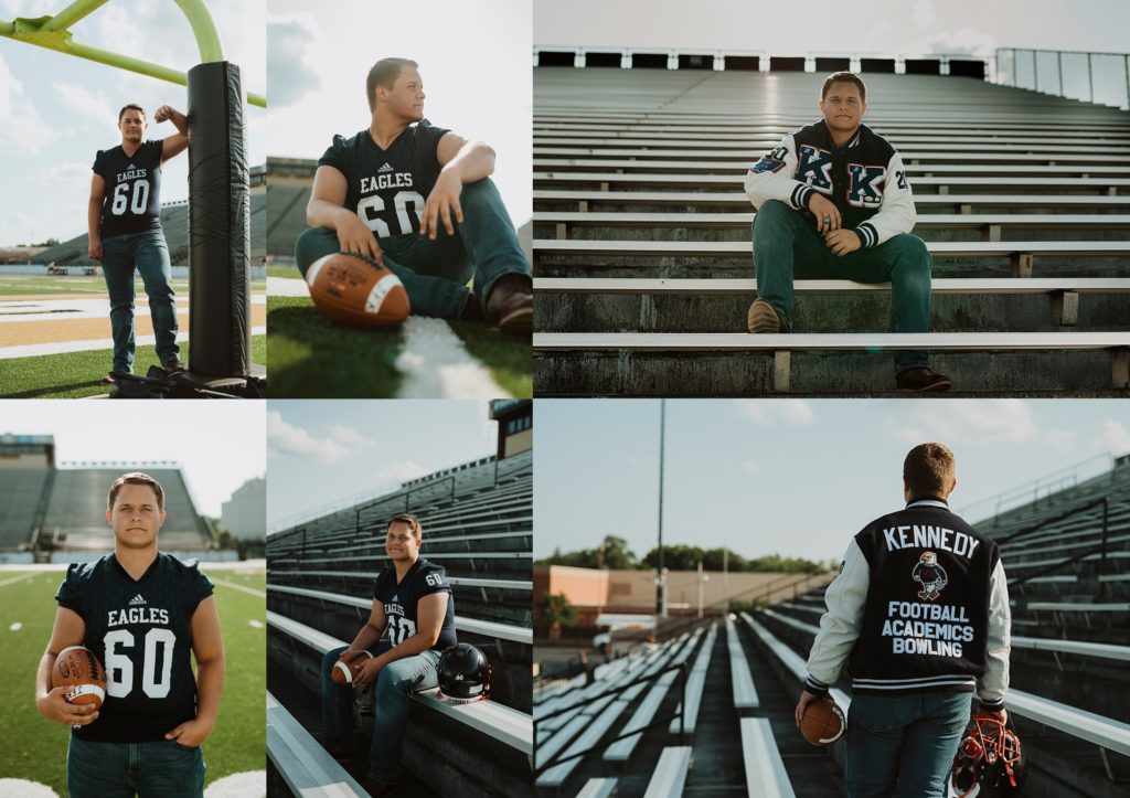 High school football field with senior guy in jersey for senior pictures in Warren OH