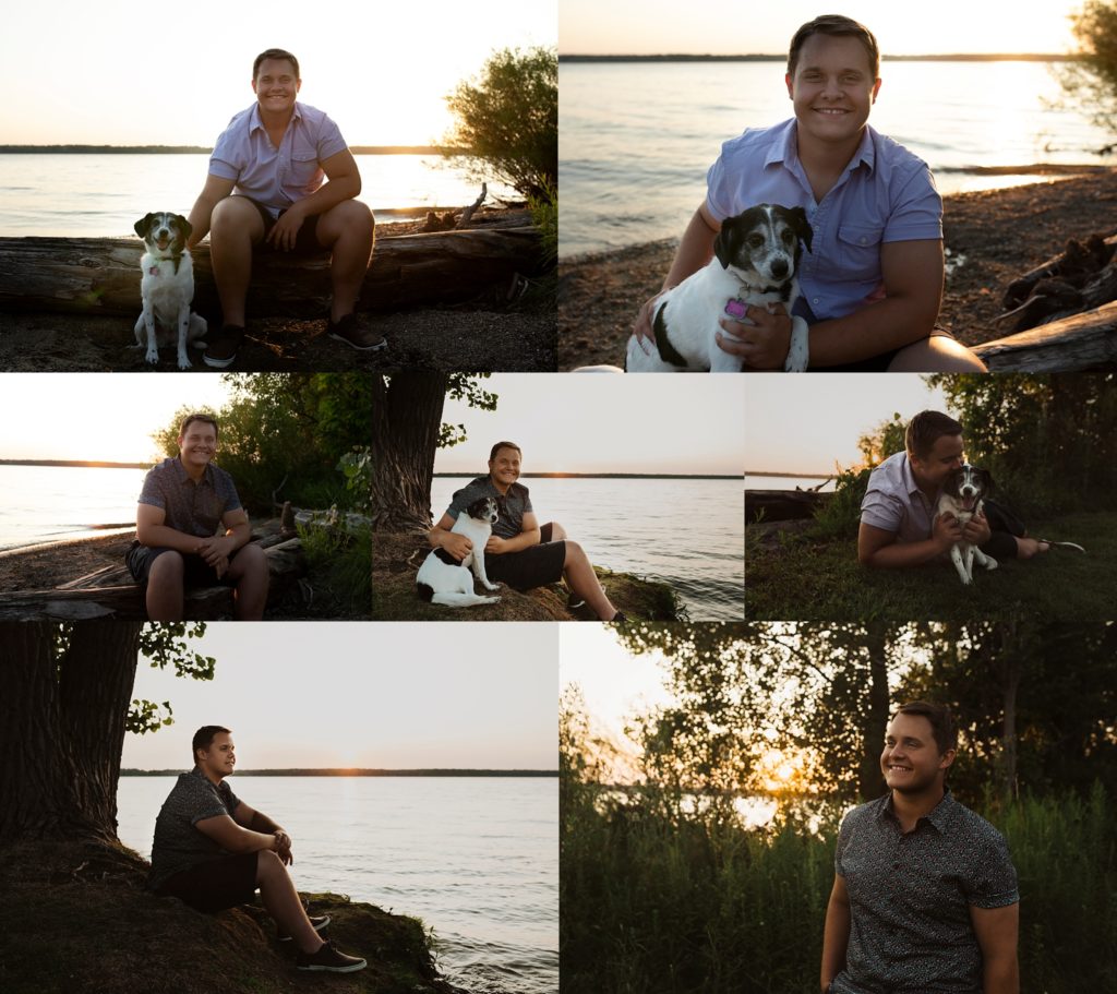 Boy guy senior pictures at sunset with his medium sized black and white rescue dog